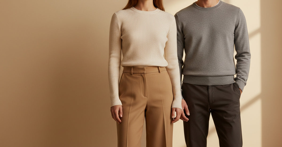 Frau und Mann in Strickpullover und weiter Hose