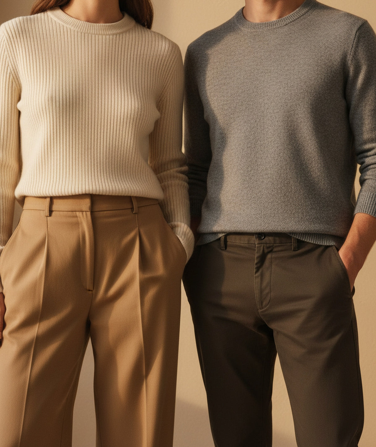 Frau und Mann in Strickpullover und weiter Hose