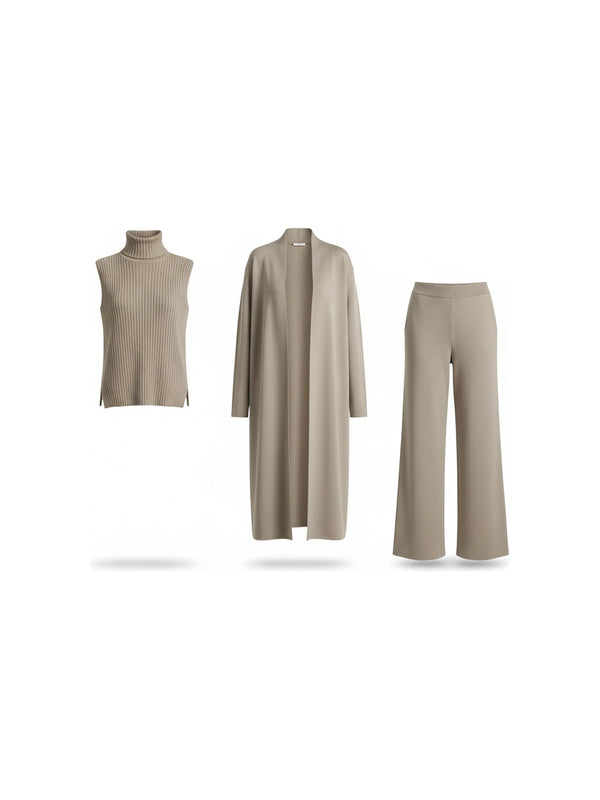 Nora - Dreiteiliges Strick-Set aus Weste, Cardigan & weiter Hose