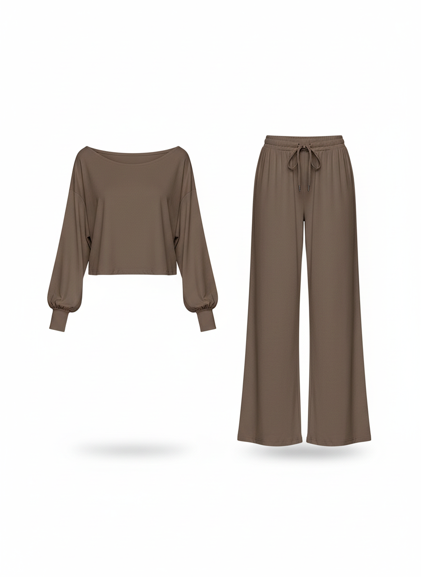 Smilla Zweiteiliges Set mit Off-Shoulder-Oberteil und weiter Hose in Taupe