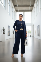 Amara – Dreiteiliges Set aus Shirt, langem Cardigan & weiter Hose