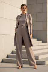 Amara – Dreiteiliges Set aus Shirt, langem Cardigan & weiter Hose
