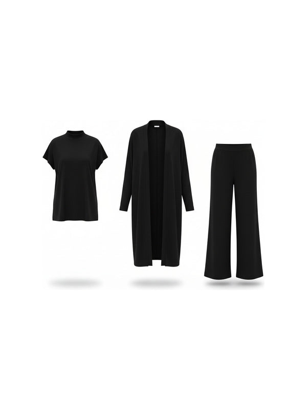 Amara - Dreiteiliges Set aus Shirt, langem Cardigan & weiter Hose