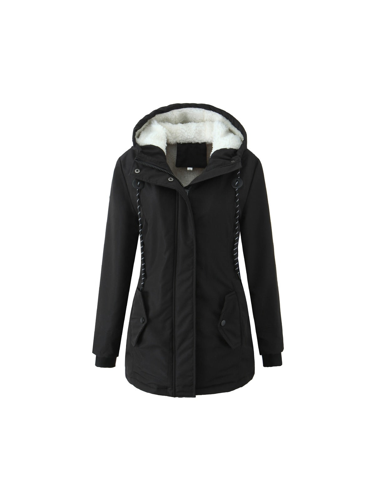 Hedda Parka mit Kapuze und Teddyfutter in Schwarz, freigestellt auf Weiß