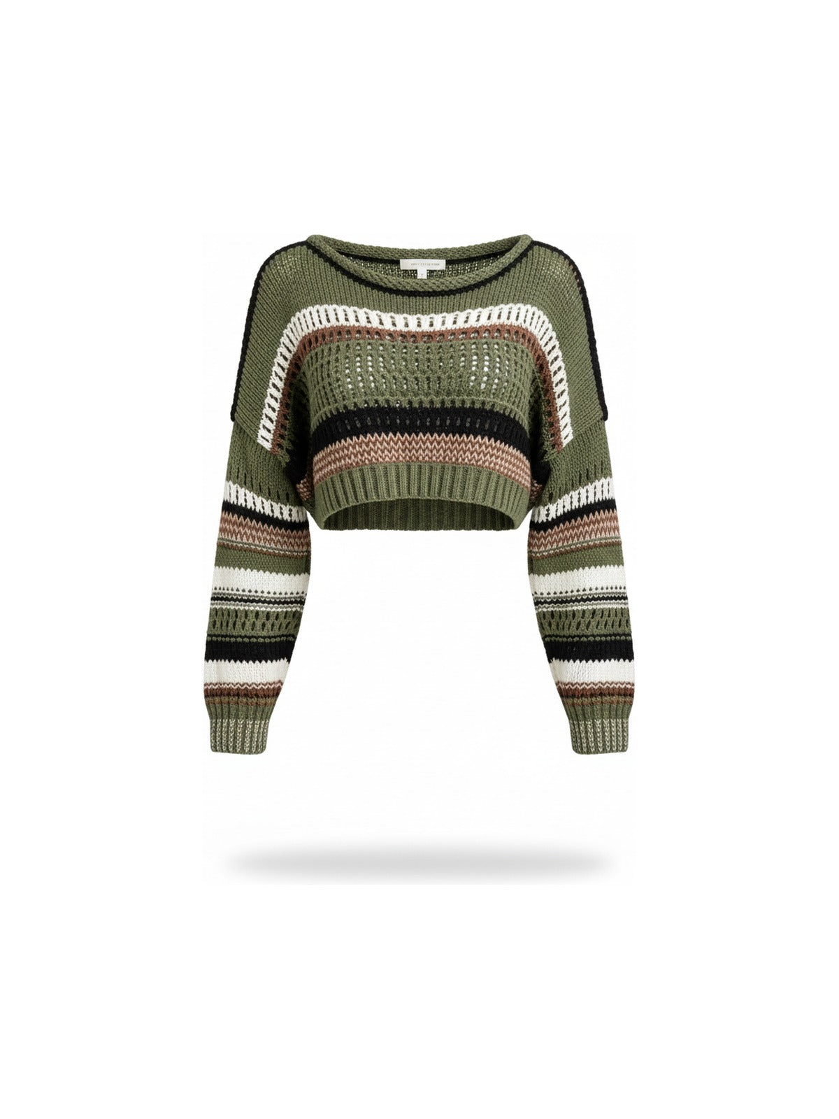 Talea kurzer Strickpullover mit Streifen in Oliv, freigestellt auf Weiß
